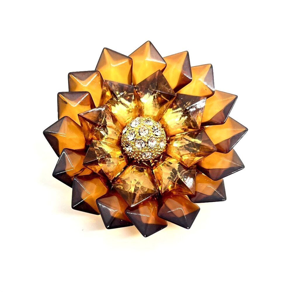 VINTAGE MONET Brooch Flower Orange Brown Color Gold Tone Rhinestone Statement Pi
